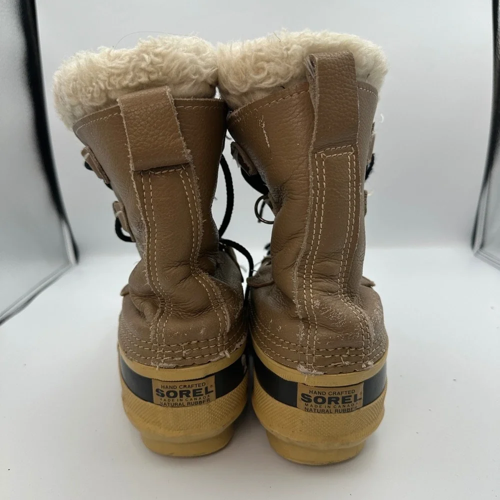 Sorel‎ Manitou Snow Winter Boots Tan Brown Leather Wool Blend Kids Size 7